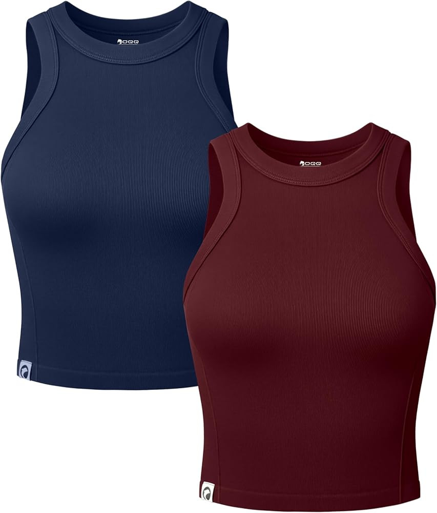 OQQ Womens 2 Pack Crop Tank Tops Crew Neck Sleeveless Ribbed Stretch Workout Athleisure Tops | Amazon (US)