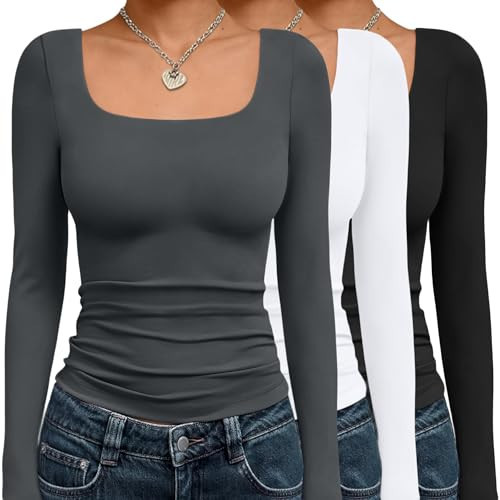 AUTOMET 3 Pack Womens Long Sleeve Shirts Fall Fashion Scoop Neck Crop Tops Basic Layer Slim Fit Y2K Clothes Black White Grey XS | Amazon (US)