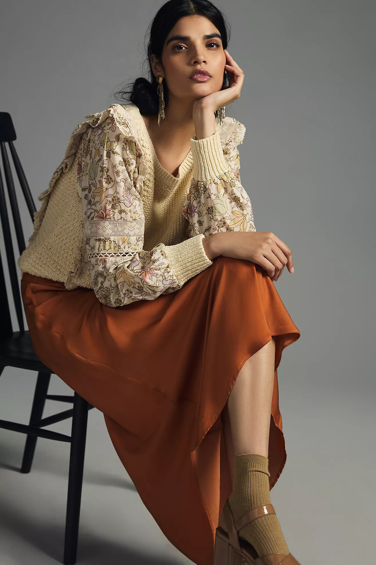 By Anthropologie Printed-Sleeve Ruffle Sweater | Anthropologie (US)