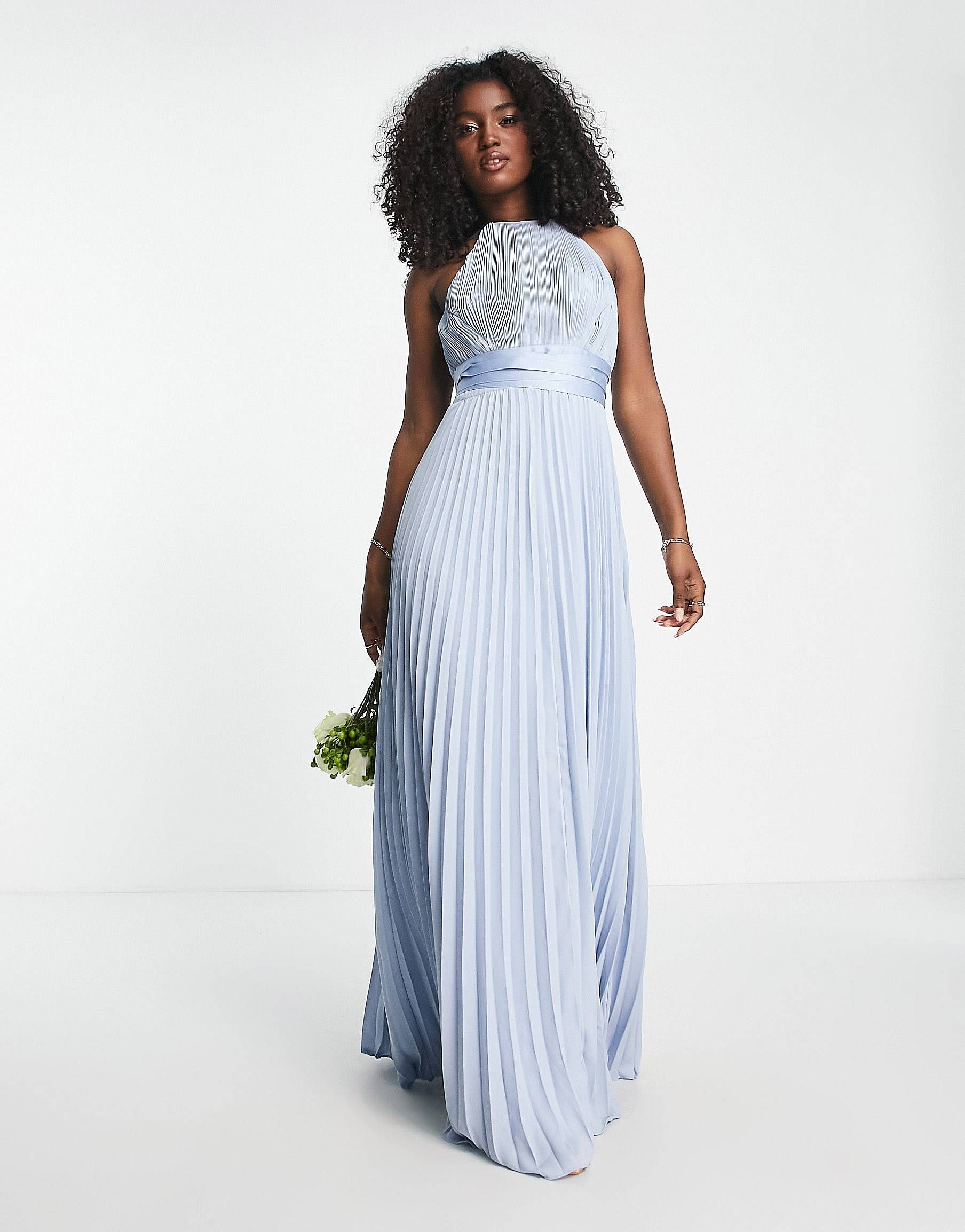 ASOS DESIGN Bridesmaid pleated pinny maxi dress with satin wrap waist in blue | ASOS (Global)