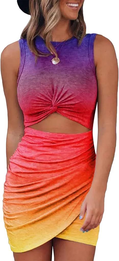 BTFBM Women 2023 Summer Sleeveless Casual Crewneck Bodycon Tank Dress Cutout Twist Slim Wrap Club... | Amazon (US)