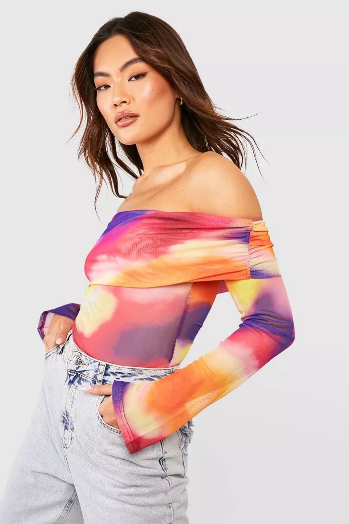 Abstract Print Mesh Off The Shoulder Flared Cuff Top | Boohoo.com (US & CA)