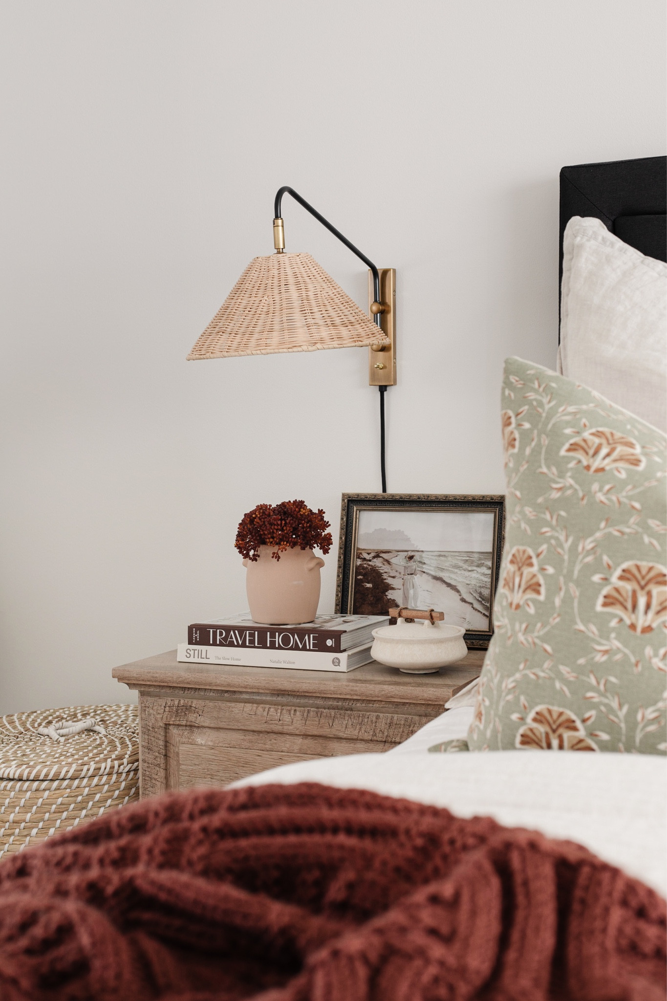 Cozy bedroom decor, maroon burgundy throw blanket, serena and lily flynn single wall sconce with wicker shade, lidded seagrass basket

#LTKFind #LTKSeasonal #LTKhome