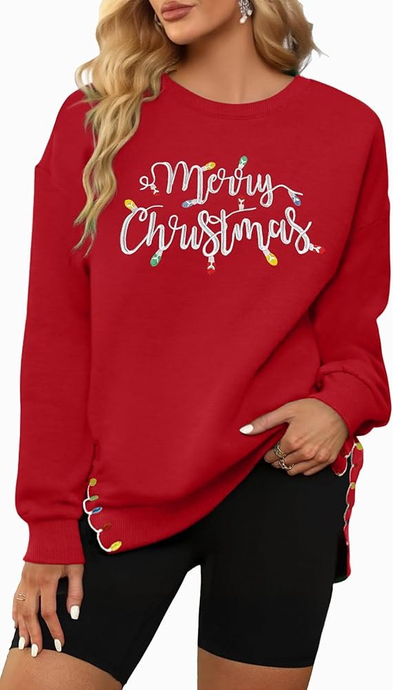Christmas Sweatshirt Women Merry And Bright Shirts Embroidered Merry Christmas Long Sleeve Tops W... | Amazon (US)