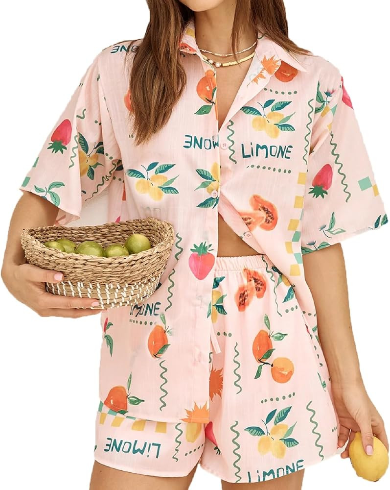 Luckinbaby Women Graphic 2 Piece Beach Outfits Short Sleeve Button Down Shirt Lounge Shorts Set Y... | Amazon (US)