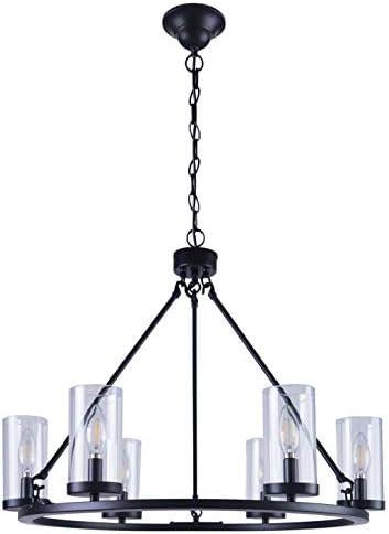 Homenovo Lighting 6-Light Wagon Wheel Chandelier with Glass Shade, Matte Black Finish | Amazon (US)