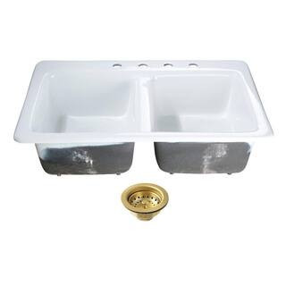 Petra Galley 33 in. Drop-In 50/50 Double Bowl Cast Iron Kitchen Sink with Basket Strainer | The Home Depot
