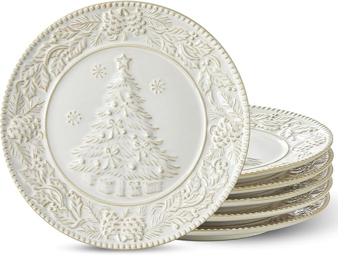 Cream White Christmas Tree Salad Plates, 8 Inch Ceramic Plate Set, Appetizer Dishes for Pasta, Si... | Amazon (US)