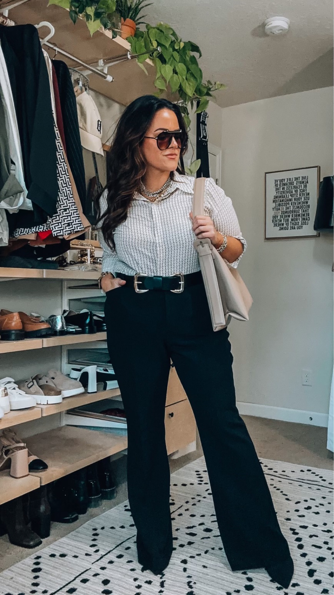Midsize workwear outfit - lightweight button down blouse xl- flare trouser pant tts size 14 - sock booties tts - double buckle stretch belt large- bucket bag Midsize - Button Up - Trousers - Top - Bottom - Sunglasses - Heels - Purse - Workwear

#LTKSeasonal #LTKstyletip #LTKmidsize
