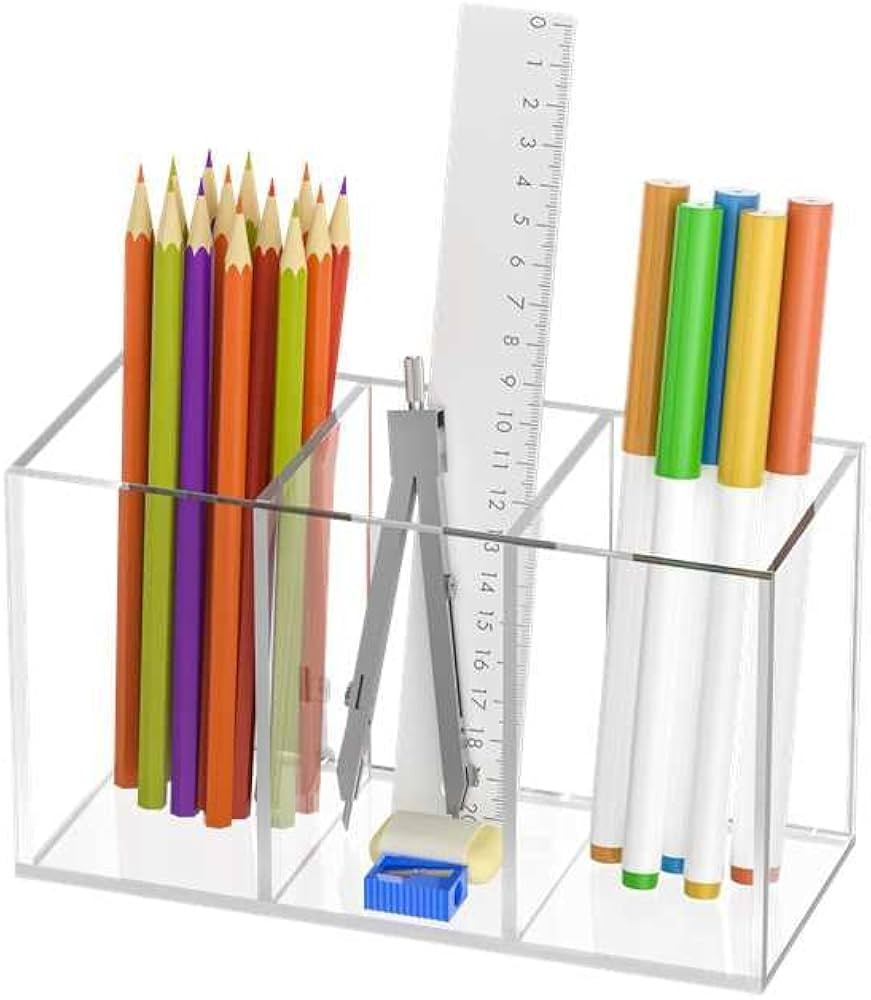 Uniclife Clear Acrylic Pen Holder for Desk, Plastic Pencil Holder Pen Organizer with 3 Compartmen... | Amazon (US)