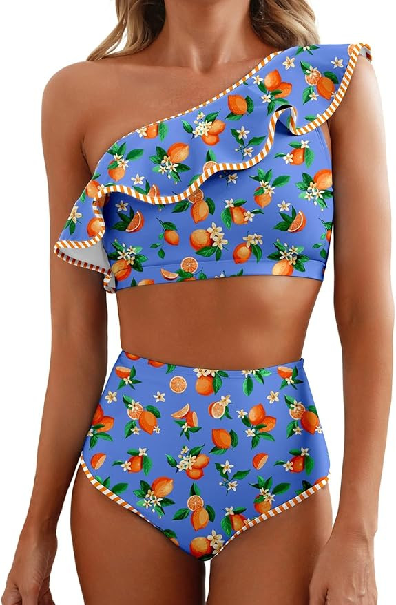 Herseas Women's One Shoulder Bikini Sets Color Block Trim Ruffle Hem Swimsuits Elegant Bathing Su... | Amazon (US)