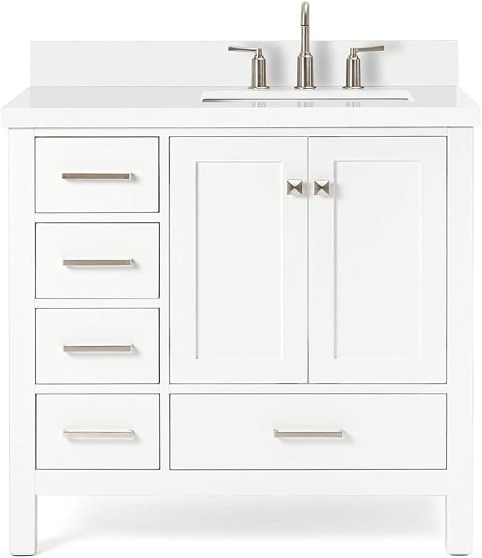 ARIEL 37" White Bathroom Vanity with 1.5" Edge Pure White Quartz Countertop & Backsplash, Right R... | Amazon (US)