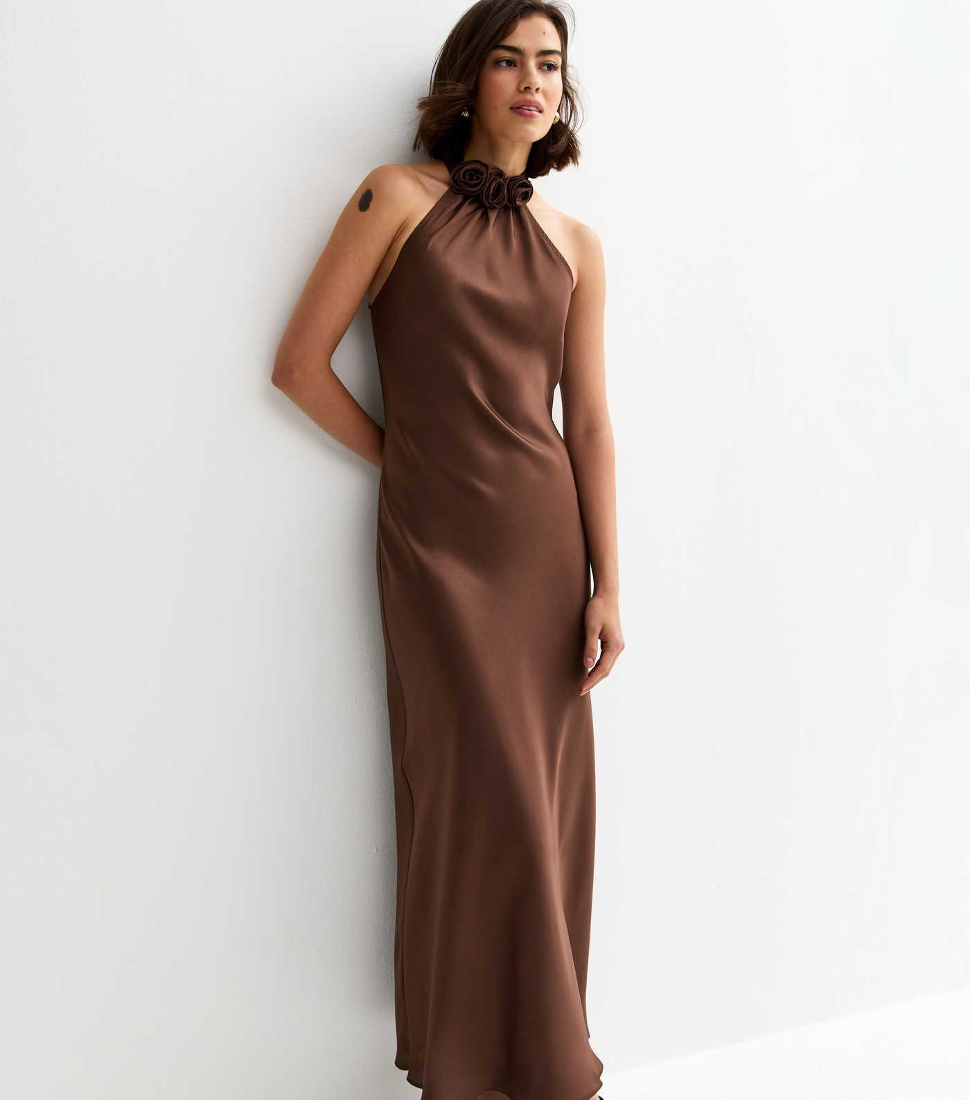 Brown Satin Floral Applique Halterneck Midi Dress | New Look | New Look (UK)