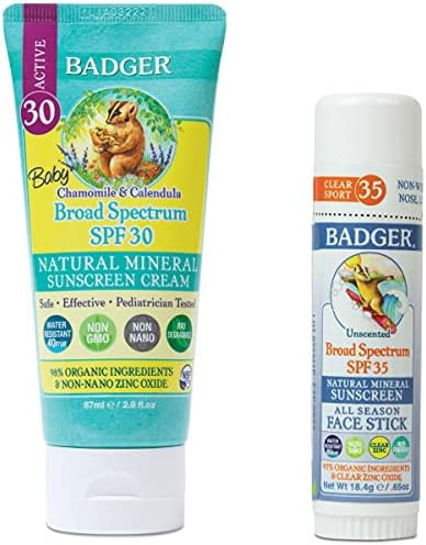 Badger - Baby SPF 30 Sunscreen Cream & Unscented SPF 35 Sport Sunscreen Face Stick, Broad Spectru... | Amazon (US)