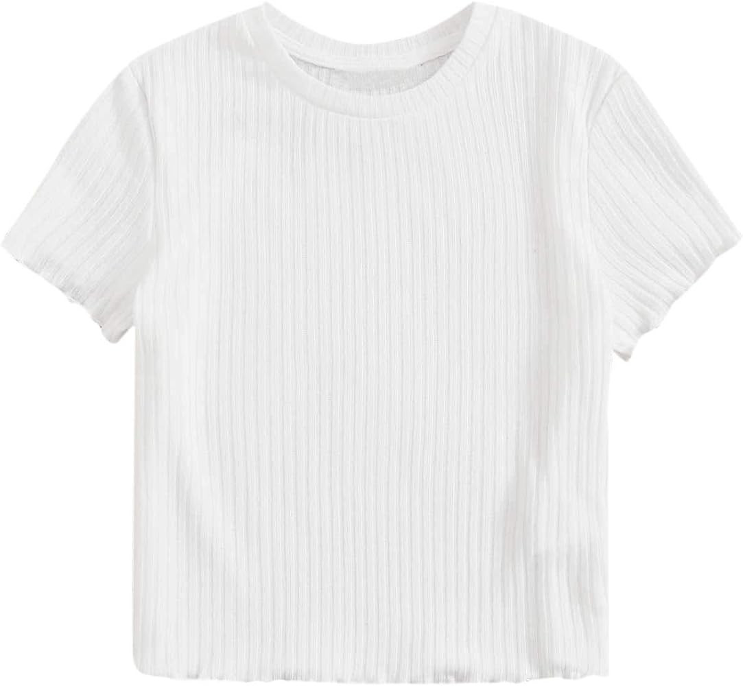 SweatyRocks Camiseta corta de manga corta con cuello redondo y acanalado para mujer | Amazon (US)