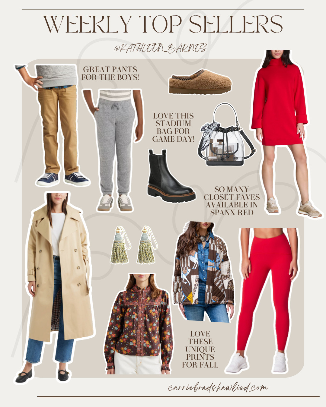 What the CBL gals are loving most this week- SPANX red perfect for game day and holiday, toddler and youth boys pants, trench coat, fall prints and more - 

 

#LTKSeasonal