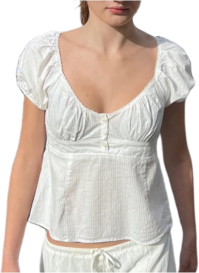 Women Y2k Lace Puff Short Sleeve Top Square Neck Ruched Ruffle Hem Babydoll Tee Cute Aesthetic Pe... | Amazon (US)