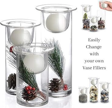 Hurricane Candle Holders with Replaceable Holiday Flowers - Set of 3 Glass Centerpieces for Chris... | Amazon (CA)