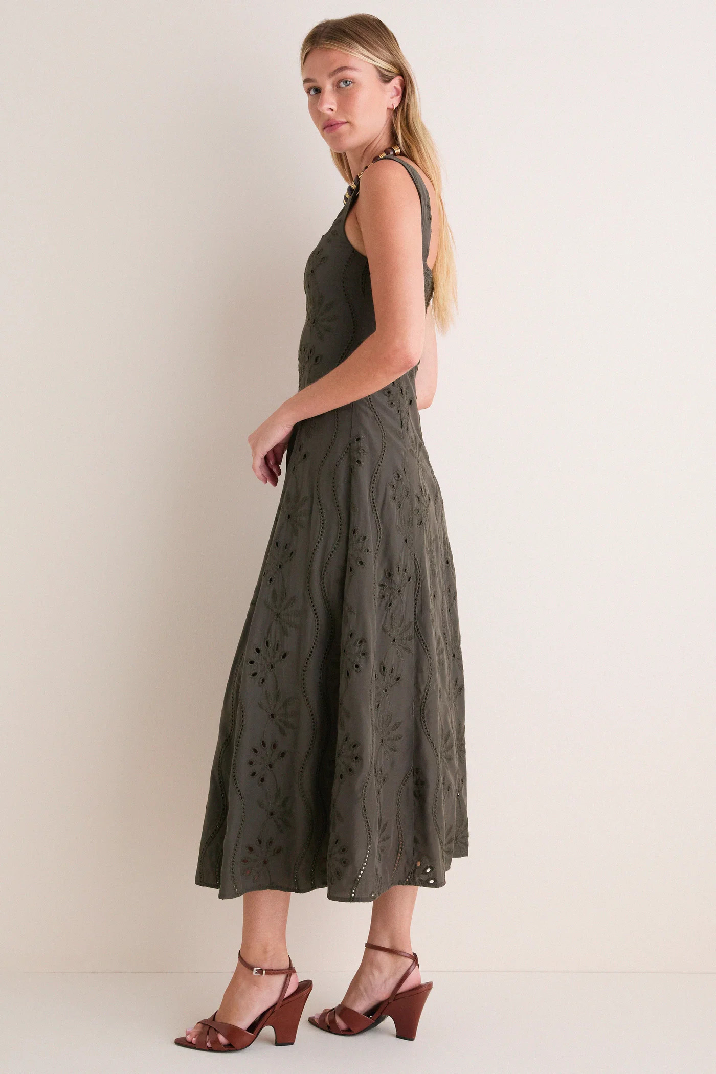 Dark Olive Embroidered Eyelet Square Neck Midi Dress | Tuckernuck (US)