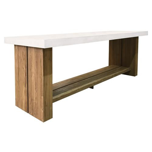 Cooper White Concrete Natural Teak Wood Rectangular Outdoor Bar Table - 118"W | Kathy Kuo Home