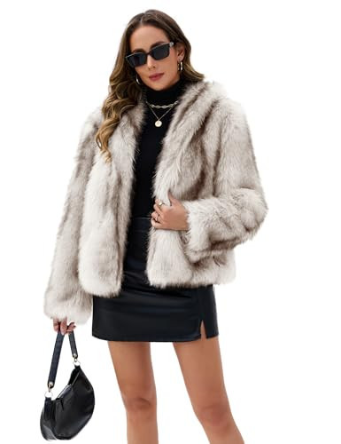 FIOPHY Womens Faux Fur Coats Long Sleeve Stand Collar Open Front Cardigan Top Fuzzy Coats Jacket Fluffy Outwear with Pockets - White L | Amazon (US)