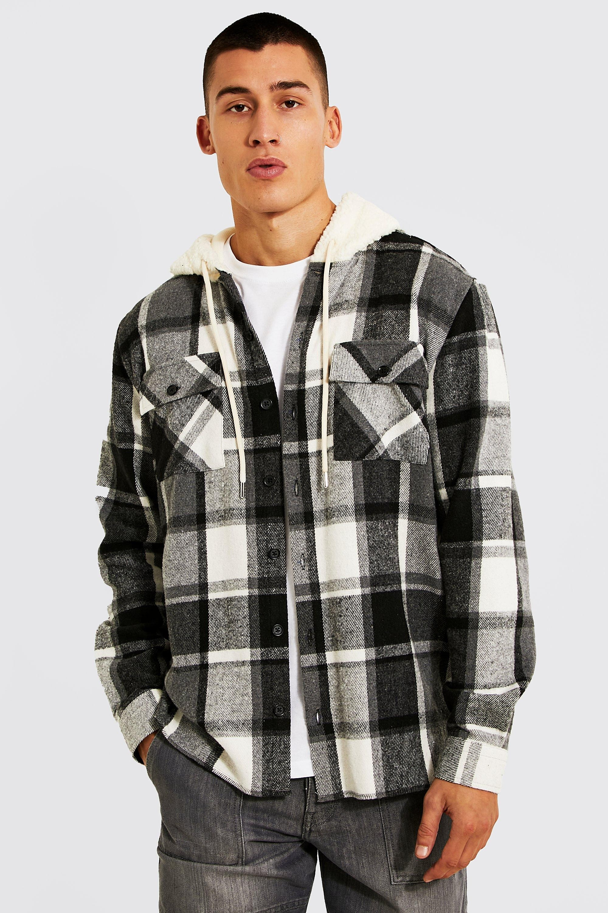 Heavyweight Check Overshirt With Borg Hood | boohooMAN (US & CA)