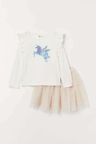 Set with a long-sleeved top in cotton jersey and skirt in double layers of tulle. Top with revers... | H&M (US + CA)