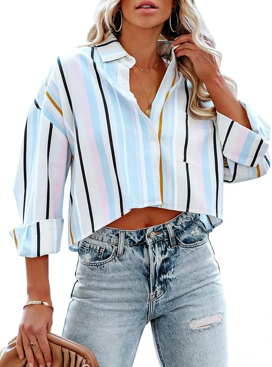 Tankaneo Womens Button Down Cropped Shirts Long Sleeve Crop Tops Blouses | Casual, Solid, Lapel B... | Amazon (US)