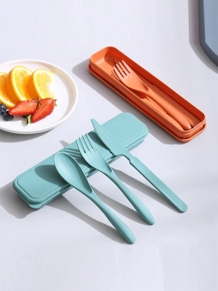 1Set Reusable Travel Utensil Set With Box, Portable Plastic Fork Spoon Knife, Camping Cutlery Set, Adult Lunch Utensils, Outdoor Picnic Utensils, Kitchen Tools School Supplies,Christmas Gift | SHEIN