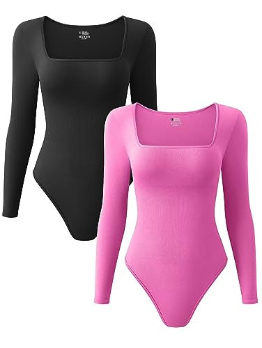 OQQ Women's 2 Piece Bodysuits Sexy Ribbed One Piece Square Neck Long Sleeve Tops Black Rose | Amazon (US)