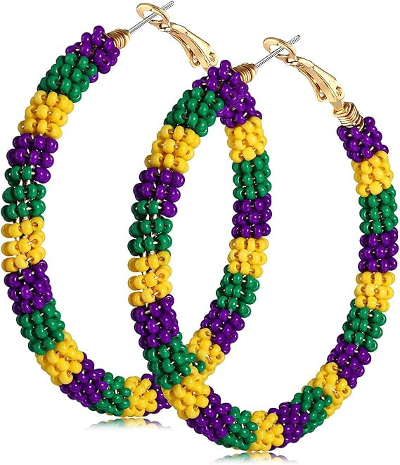 CEALXHENY Beaded Hoop Earrings for Women Mixed Color Bead Dangle Earrings Bohemia Hoop Dangle Ear... | Amazon (US)