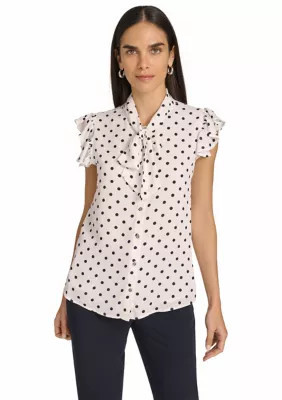 Tommy Hilfiger Women's Dot Ruffle Sleeve Bow Blouse, Large | Belk