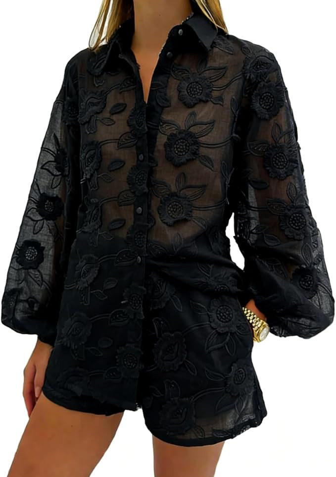REASERAL Womens Lace 2 Piece Outfits Long Sleeves Lapel Jacket Top Lace Up Mini Shorts Casual Goi... | Amazon (US)