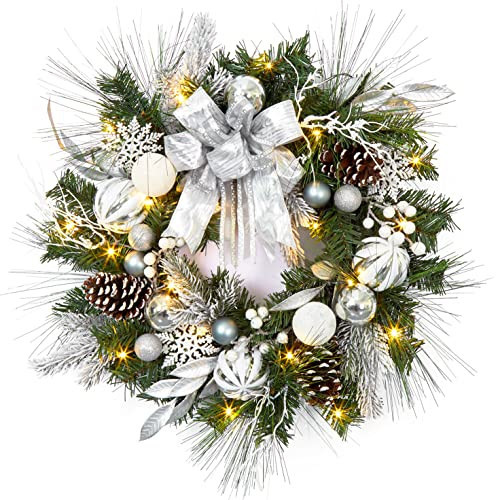 FairyLee Christmas Wreath for Front Door, 24 Inch Outdoor Christmas Wreath, Battery Operated Xmas Wreath with Silver White Ball Ornaments Bows and 20 LED Lights for Home Holiday Decor | Amazon (US)