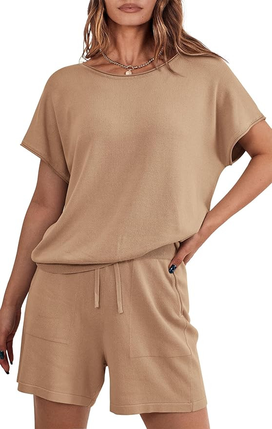 PRETTYGARDEN Two Piece Set 2024 Summer Lounge Tracksuit Outfits Shorts And Short Sleeve Tops Knit... | Amazon (US)