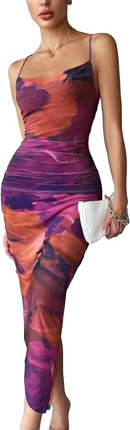 GORGLITTER Women's Backless Mesh Ruched Bodycon Midi Dress Tie Dye Asymmetrical Cami Dresses with... | Amazon (US)