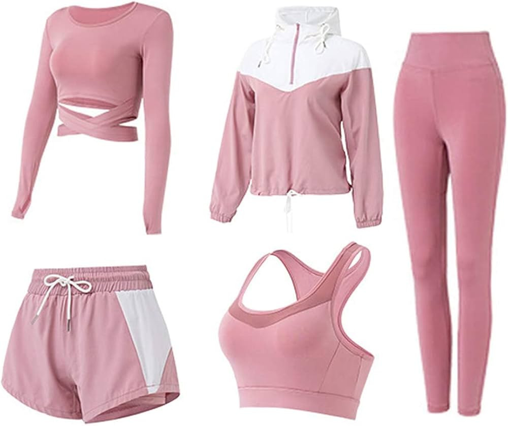 5 PCS Workout Sets for Women Yoga Running Outfit Athletic Gym Exercise Clothes Activewear Sets Tr... | Amazon (US)