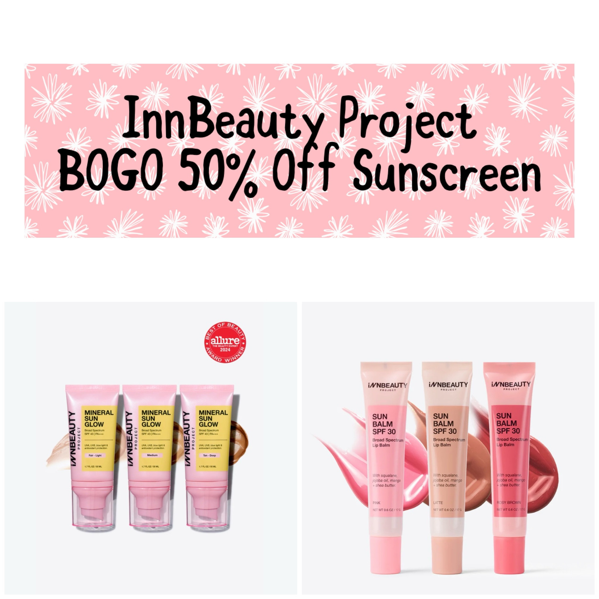 InnBeauty Project has BOGO 50% off sunscreen. I loveee the Mineral Glow (I use shade light). It's beautiful on and helps even skin tone, but gives sheer coverage. So glowy and moisturizing. I also love the SPF lip sunscreen — it’s the only one I use that doesn't leave a gross taste.

#LTKSaleAlert #LTKBeauty #LTKselfcare