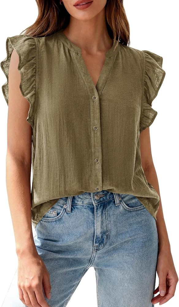 Zenlonr Womens Short Ruffle Sleeve Shirts V Neck Button Down Shirt Solid Color Going Out Spring T... | Amazon (US)