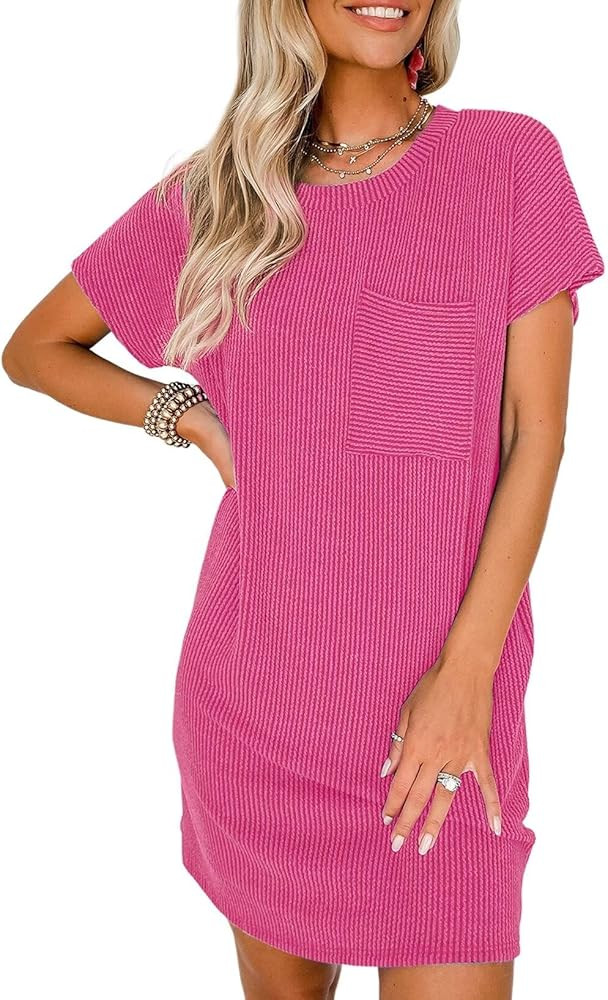 Acelitt Womens Casual Summer Crewneck Short Sleeve Ribbed Mini Tshirt Dress, XS-3XL | Amazon (US)