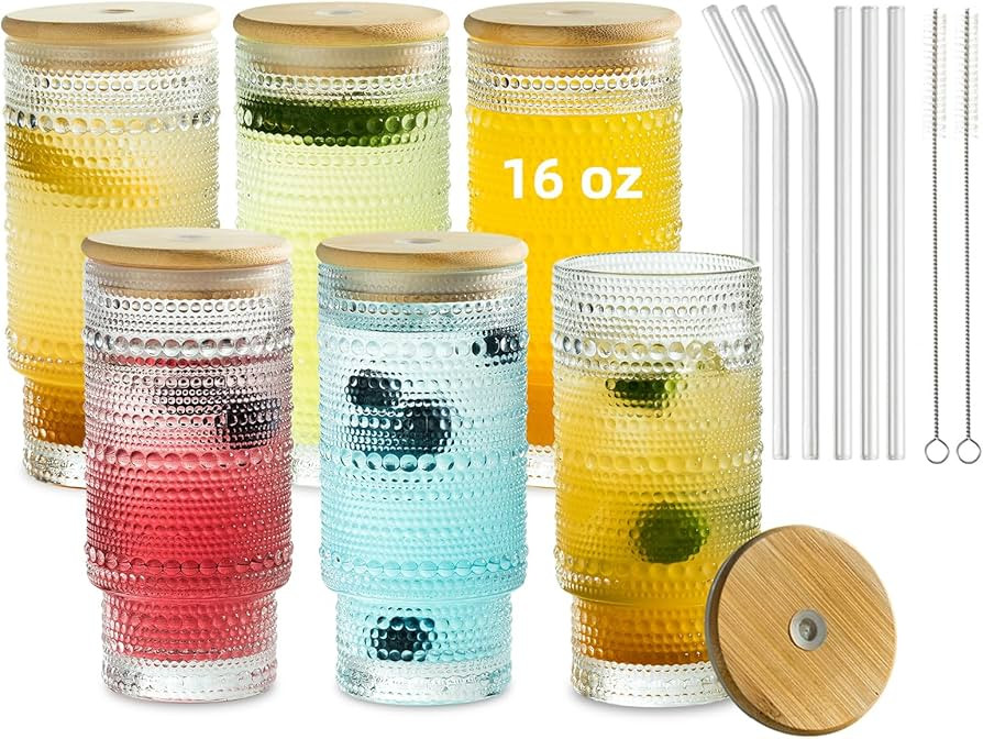 Set of 6 Hobnail Drinking Glasses with Cool Glassware Lid and Straw, 16oz XL Highball Bubble Cock... | Amazon (US)