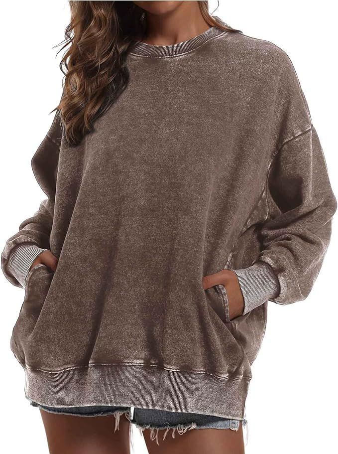 Oversized Sweatshirt for Women Loose Fit Cotton Pullover Vintage Crew Neck Sweatshirts with Pocke... | Amazon (US)