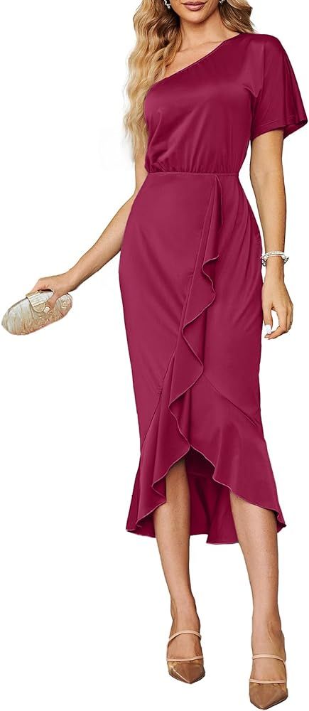 Simplee Women's Sexy One Sleeve Shoulder Cocktail Dress Semi Formal High Low Elegant Ruffle Midi ... | Amazon (US)