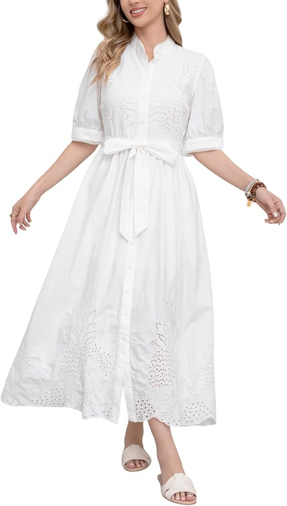 utcoco Women's Embroidered Eyelet Shirt Dresses Belted Puff Sleeve Button Down Swing Boho Cotton ... | Amazon (US)