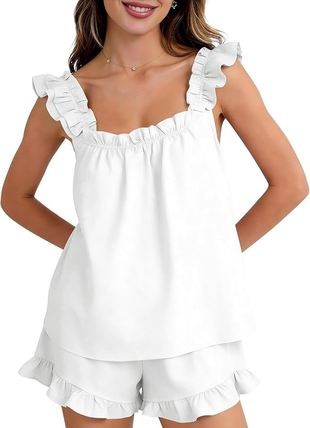 Kissonic Womens Ruffle Pajamas Set 2 Piece Cute Ruffle Bridal Pjs Sleeveless Tank Top and Shorts ... | Amazon (US)