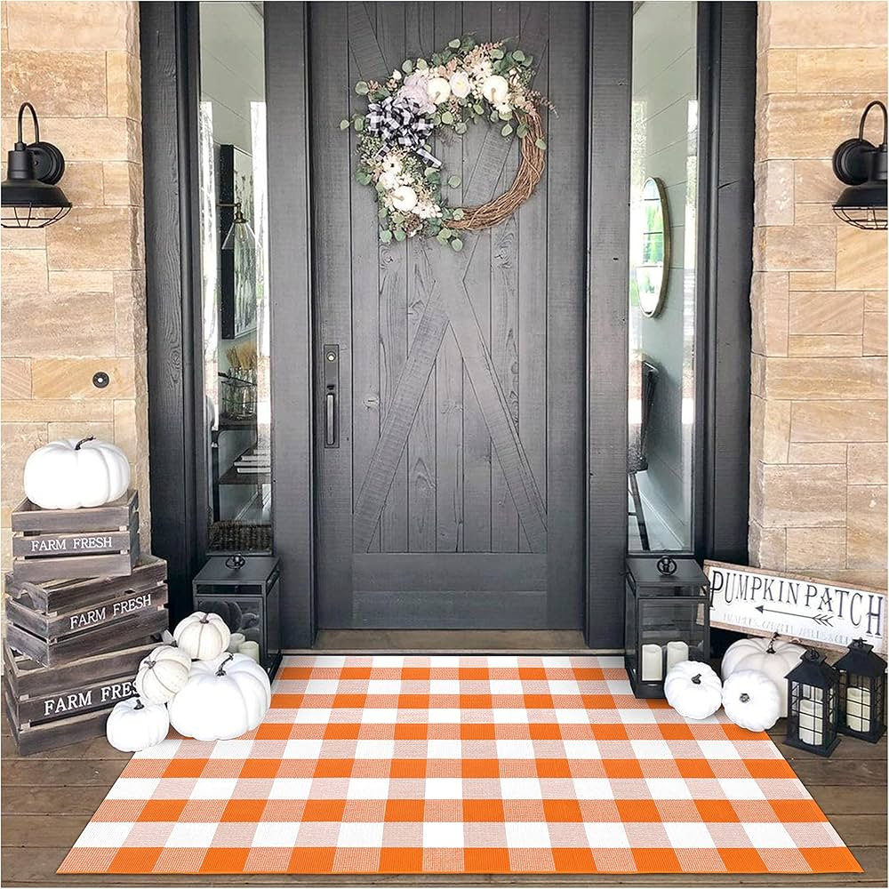 KOZYFLY Buffalo Plaid Rug 4x6 Ft Orange and White Outdoor Rugs Washable Checke Orange Rug Cotton ... | Amazon (US)