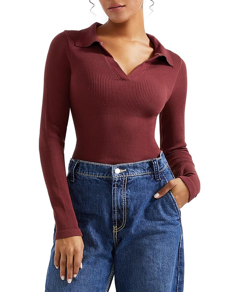 SUUKSESS Women Long Sleeve Ribbed V Neck Polo Shirts Collared Business Casual Slim Fitted Tops fo... | Amazon (US)