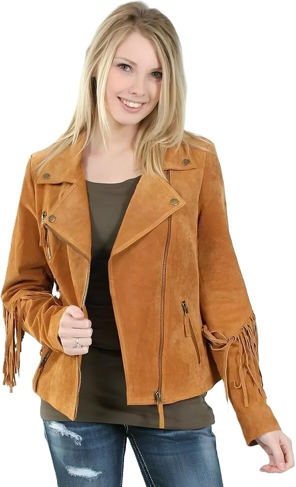 Womens Suede Leather Jacket - Fashion Real Lambskin Leather Jackets for Women with Fringe | Amazon (US)