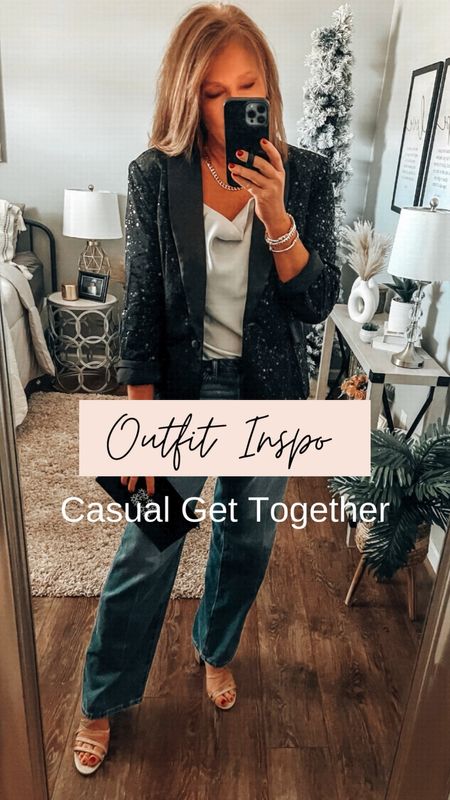 If you need a casual but dressy holiday outfit, this is a great option! Tuxedo blazer fits tts, cowl neck cami ( comes in more colors, fits tts), straight jeans and cute shoes! 

Holiday outfit, Christmas, party outfit, jeans, wide leg jeans, blazer, sequined blazer, casual dressy, sale, deals, fashion over 40

#LTKfindsunder50 #LTKsalealert #LTKHoliday