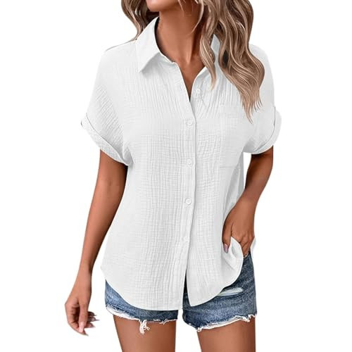 Button Up Short Sleeve Shirts for Women Casual Ladies Shirt Collared Loose Fit V Neck Solid Color Summer Blouse Tops B-White | Amazon (US)